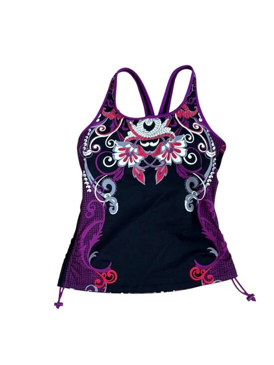Athleta Other - Athleta Purple Black Pink Print Adjustable Ruched Tankini Swim Top Built In Bra